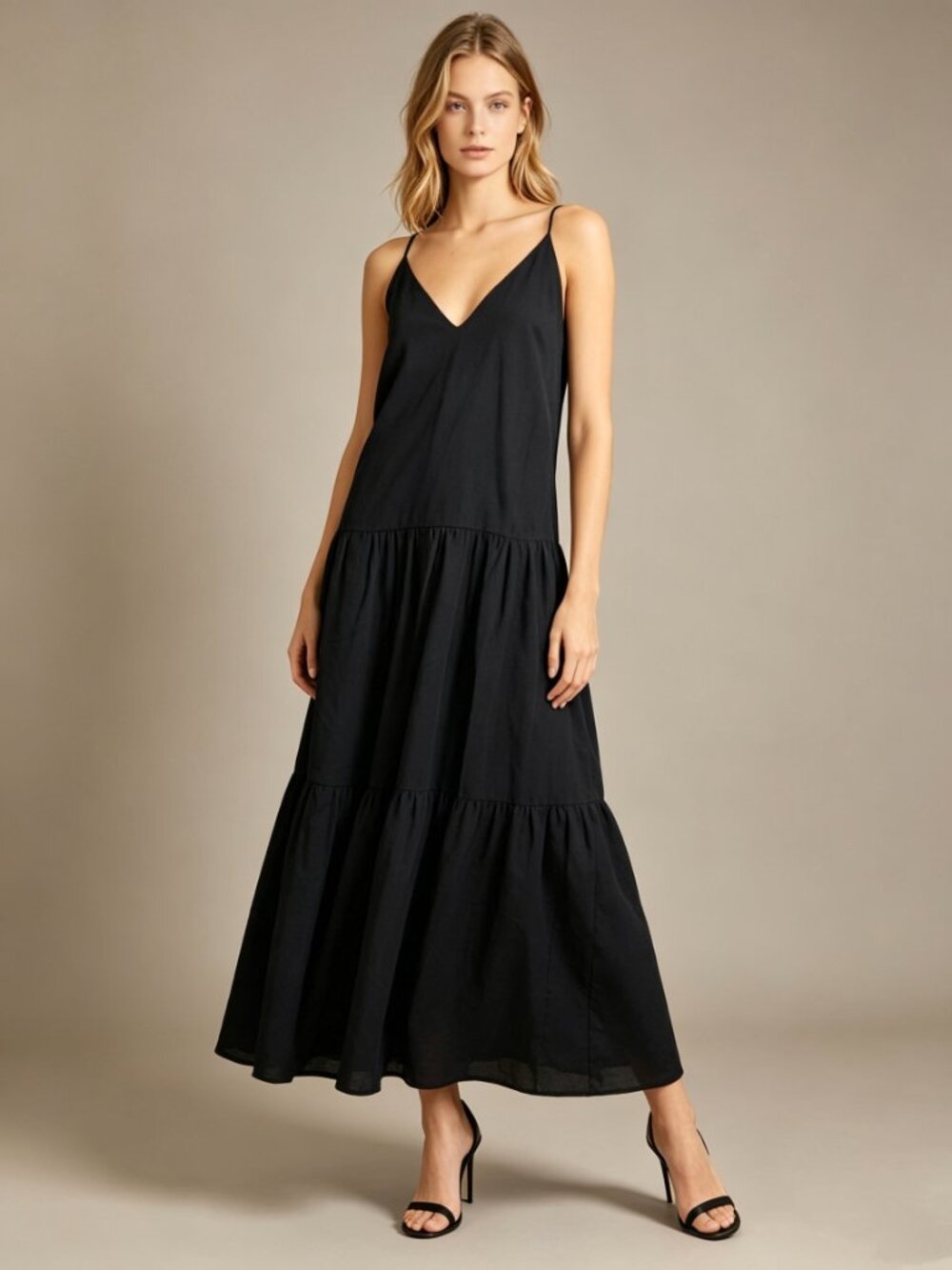 NWOT Farm Rio Linen Blend Black Sleeveless Layer Tiered Maxi Dress Size S
